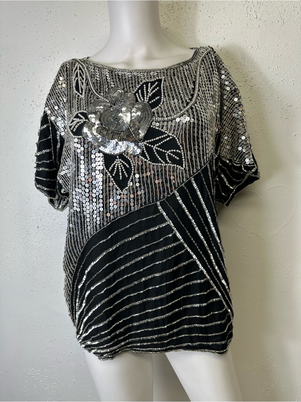Embellished Black Sequin Floral Short Sleeve Top